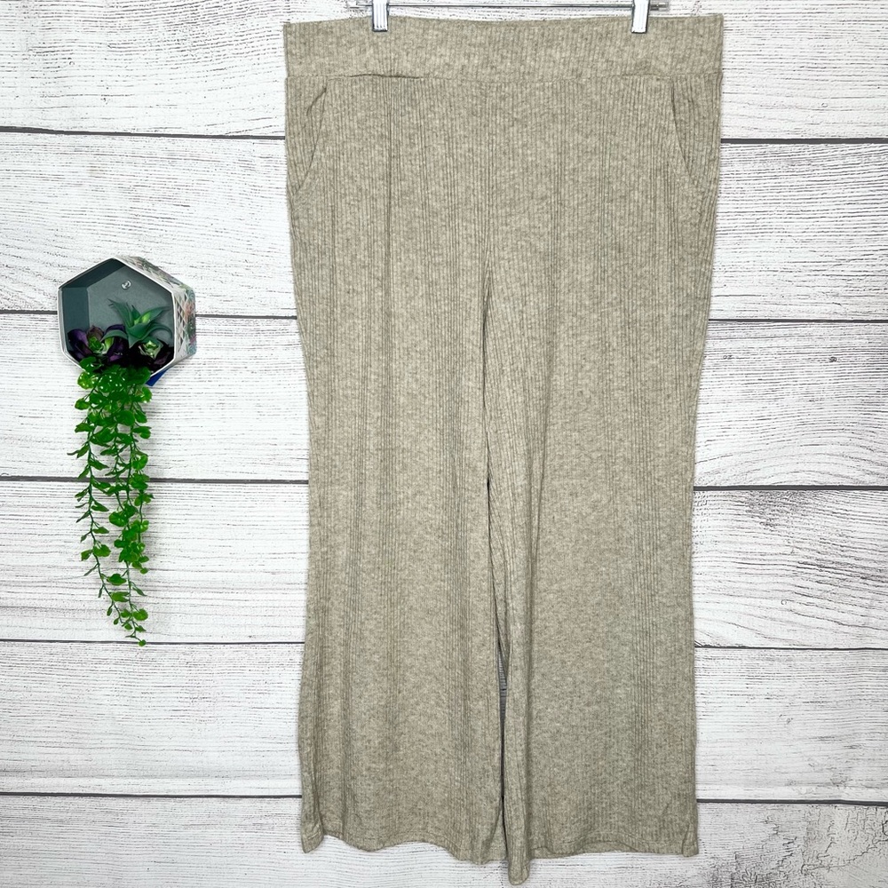 GAIAM Beige Ribbed Knit High Waist Wide Leg Pants Size XXL Yoga Lounge Comfy